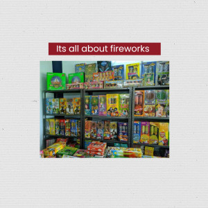 A shop filled with various types of fireworks boxes.