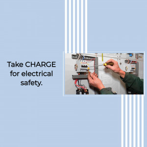 Electrician working on a fuse box with safety message