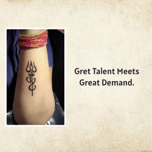 Close-up of a Trishul tattoo on an ankle with text 'Great Talent Meets Great Demand'