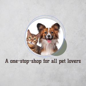 A cute cat and dog in a circular frame with text promoting a pet shop.
