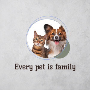 A cat and a dog looking at the camera inside a circle with the text 'Every pet is family'