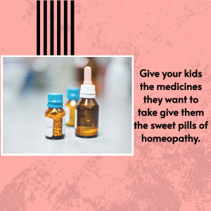 Bottles of medicine with text promoting homeopathy for kids
