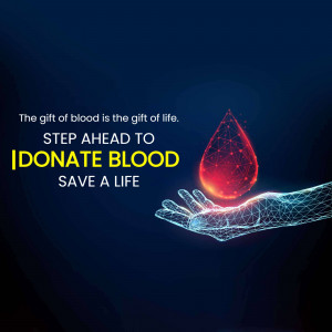 A digital illustration of a hand holding a glowing blood drop with the text 'Step Ahead to Donate Blood Save a Life'.