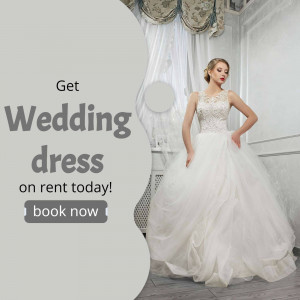 Beautiful bride in a white wedding dress promoting wedding dress rentals.