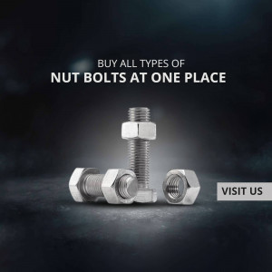 Silver nut and bolt on a dark background with text promoting a one-stop shop for nut bolts.