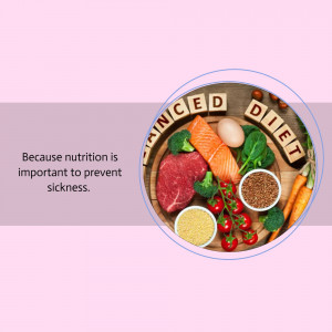 A circular image showcasing a variety of healthy foods arranged on a wooden surface with the words 'Balanced Diet' spelled out with letter tiles.