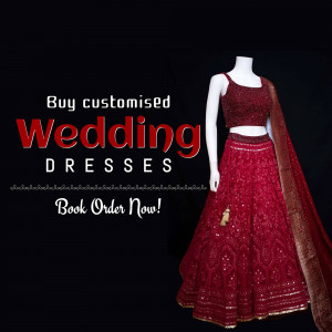 Red embroidered wedding lehenga choli on a mannequin with promotional text.