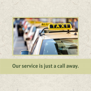 A row of yellow taxis with a 'Taxi' sign on top, promoting a taxi service.
