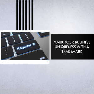 Image promoting trademark registration with a keyboard and text overlay.