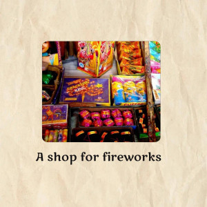 A colorful display of fireworks boxes in a shop.