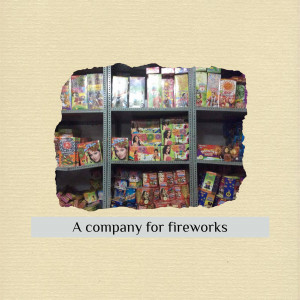 A shelf of colorful fireworks boxes breaking through a wall.