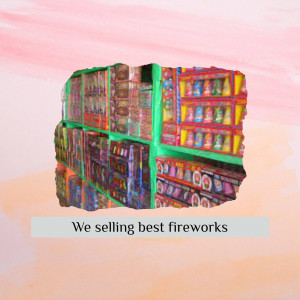 A colorful display of fireworks stacked on shelves, with a portion appearing broken away to reveal the contents.