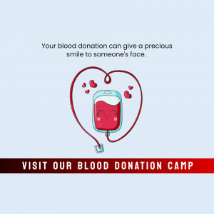 Cartoon illustration of a blood bag shaped like a happy face inside a red heart, promoting blood donation.