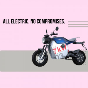 Komaki electric motorcycle with 'All Electric. No Compromises.' text