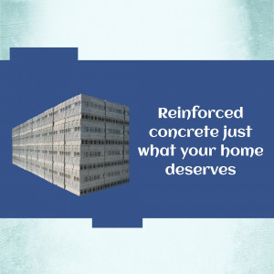 Stack of reinforced concrete blocks with text promoting their use for home building.