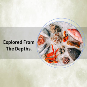 Seafood assortment on ice with text overlay