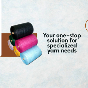 Colorful yarn spools with text 'Your one-stop solution for specialized yarn needs'