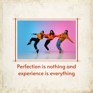 Three young adults dancing energetically against a blue and pink gradient background with motivational text.