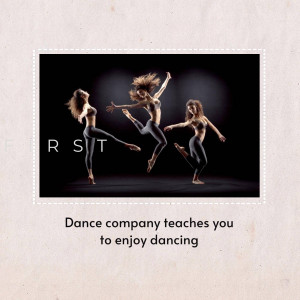 Three dancers in motion with text promoting a dance company