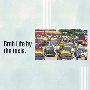 A busy street scene in Mumbai, India, filled with yellow and black taxis and pedestrians.