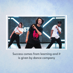 Three dancers performing in a studio with motivational text.