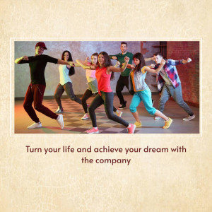 Group of young people dancing in a studio with motivational text.