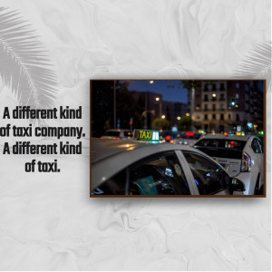 A framed image of taxis on a city street at night with text overlay.