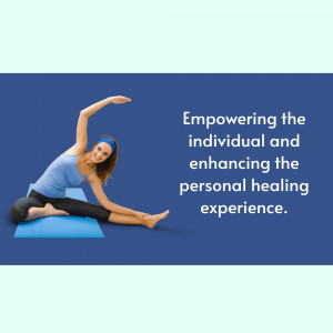 Woman doing a side stretch on a yoga mat with text about personal healing.