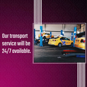 Yellow taxis being serviced in a garage with text advertising 24/7 transport service.