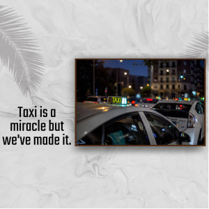 A taxi driving through a city street at night with text overlay.