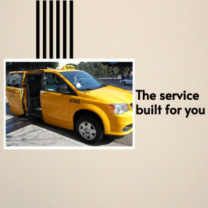 A yellow taxi with its door open and text 'The service built for you'