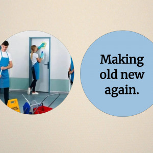 Two cleaning professionals cleaning a door and a glimpse of a cleaning team with equipment.