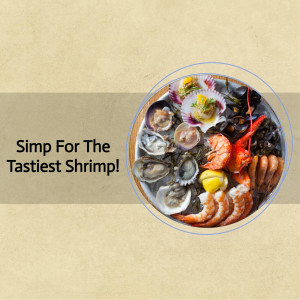 A circular image showcasing a variety of fresh seafood including shrimp, lobster, oysters, clams, and mussels.