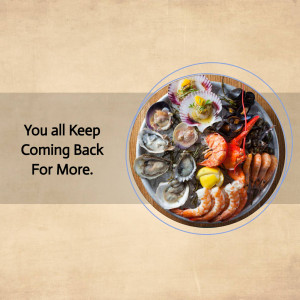 A top-down view of a seafood platter with various shellfish and a promotional text overlay.