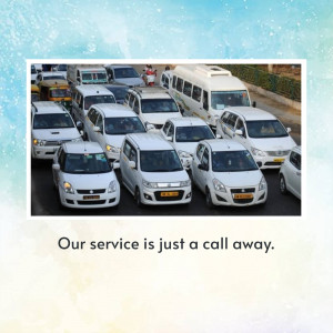 A line of white taxis and cars in traffic with text 'Our service is just a call away.'