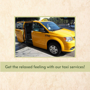 Yellow taxi with open door, promoting taxi services