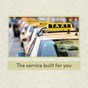 Yellow taxi cabs lined up on a city street with a promotional text at the bottom.