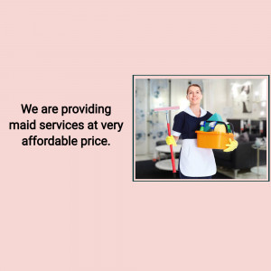 A maid holding cleaning supplies in a home setting with text advertising affordable maid services.