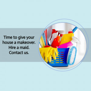 Cleaning supplies in a blue basket with text promoting maid services.