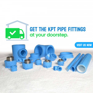 Assortment of blue KPT pipe fittings with a delivery truck icon and text promoting doorstep delivery.