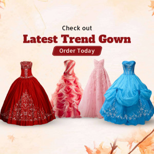 Collection of latest trend gowns in red, pink, blue and peach colors.