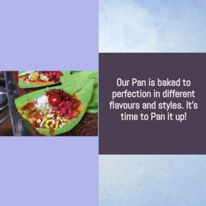 Close-up of colorful Pan served on a banana leaf with text overlay.