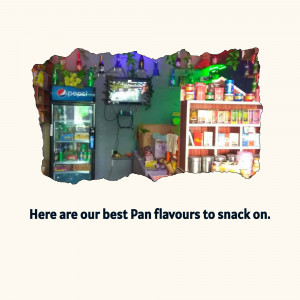 Interior view of a small Indian pan shop with various flavors and snacks.