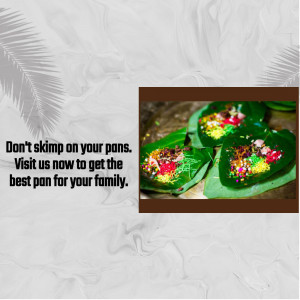 Close-up of colorful paan (betel leaf preparation) with text promoting a pan shop.