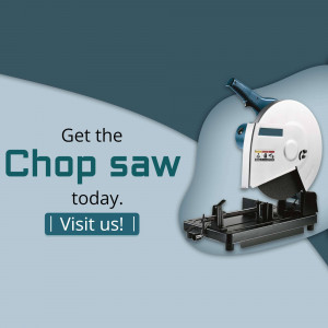 Image of a chop saw with promotional text