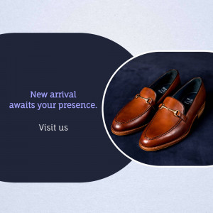 Pair of brown leather loafers with a gold buckle, displayed on a dark blue background with promotional text.