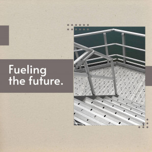 Staircase leading up to an industrial structure with the text 'Fueling the future.'