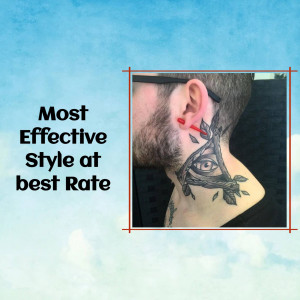 Close-up of a man's neck with a detailed eye and floral tattoo.