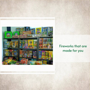 A store shelf filled with various types of fireworks in colorful packaging.
