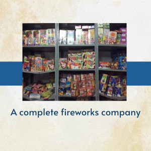Shelves filled with various colorful boxes of fireworks.